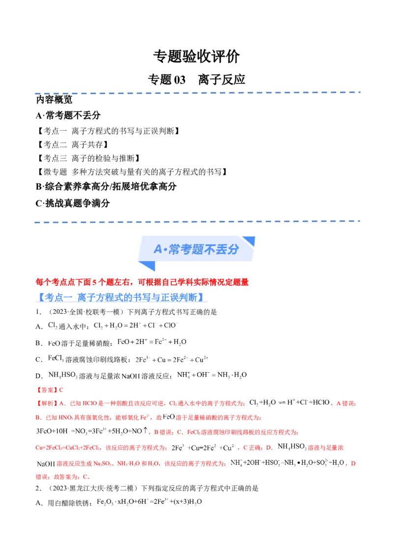专题03离子反应（分层练）（解析版）_05高考化学_2024年新高考资料_2.2024二轮复习_高频考点2024年高考化学二轮复习高频考点追踪与预测（新高考专用）