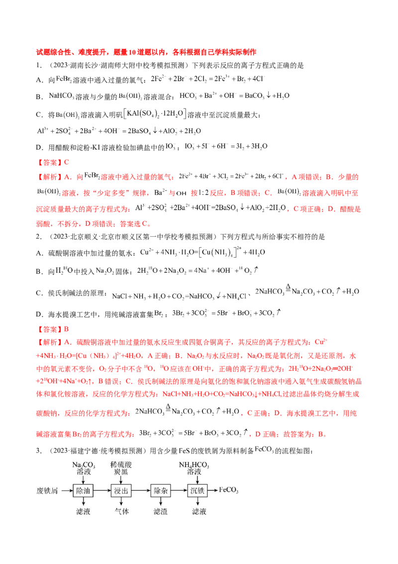 专题03离子反应（分层练）（解析版）_05高考化学_2024年新高考资料_2.2024二轮复习_高频考点2024年高考化学二轮复习高频考点追踪与预测（新高考专用）