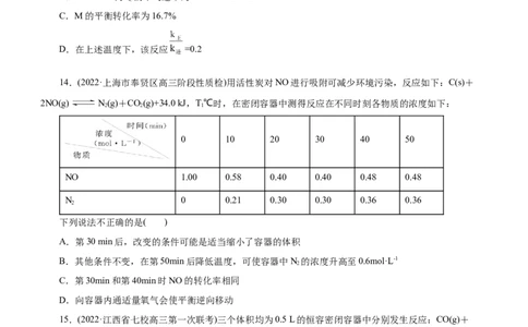 专题09化学反应速率与化学平衡（测）（原卷版）_05高考化学_通用版（老高考）复习资料_2023年复习资料_二轮复习_2023年高考化学二轮复习讲练测（全国通用）