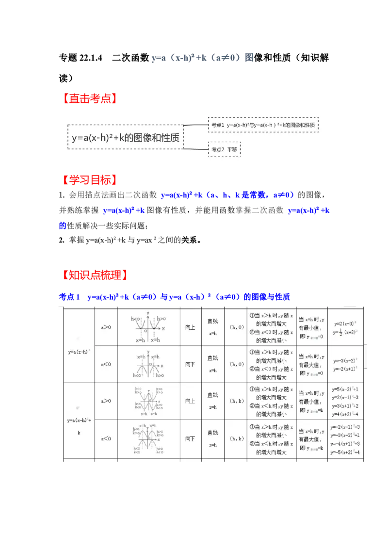 专题22.1.4二次函数y=a(x-h)&sup2;+k的图像和性质（知识解读）-2022-2023学年九年级数学上册《同步考点解读&bull;专题训练》（人教版）_初中数学人教版_9上-初中数学人教版_07专项讲练
