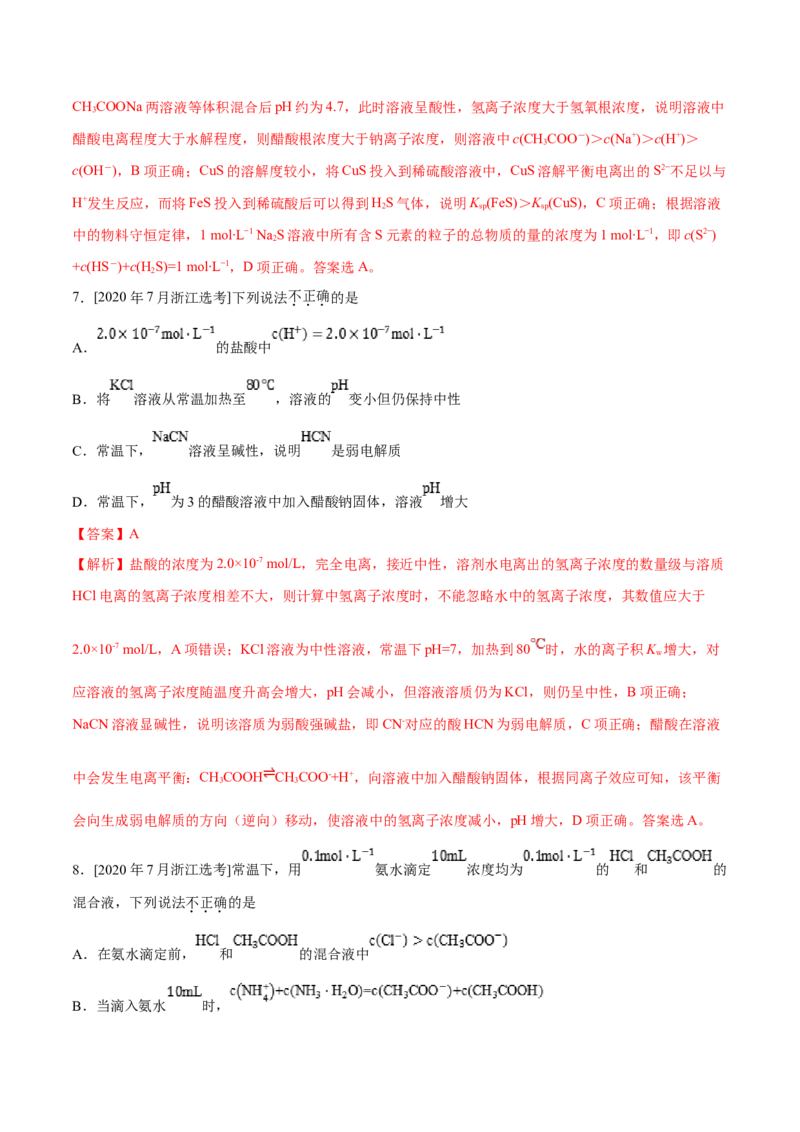 专题07电解质溶液&mdash;&mdash;备战2021年高考化学纠错笔记（教师版含解析）_05高考化学_新高考复习资料_2023年新高考资料_一轮复习_2023年新高考大一轮复习讲义_赠备战2021年高考化学纠错笔记