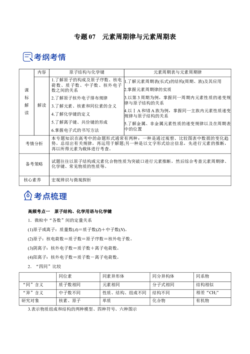 专题07元素周期律与元素周期表（讲）-2023年高考化学二轮复习讲练测（新高考专用）解析版_05高考化学_新高考复习资料_2023年新高考资料_二轮复习