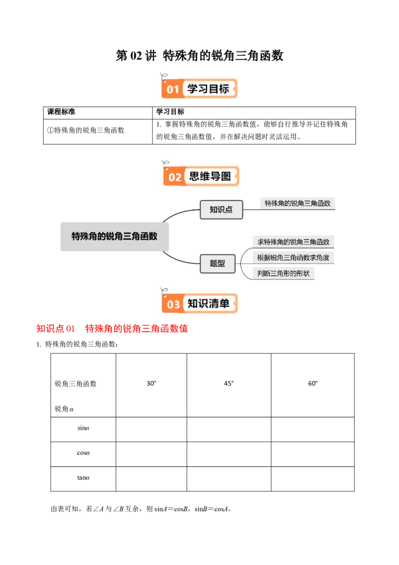 第02讲特殊角的三角函数值（2个知识点+4类热点题型讲练+习题巩固）（学生版）_初中数学_九年级数学下册（人教版）_同步讲义-U18_2025版