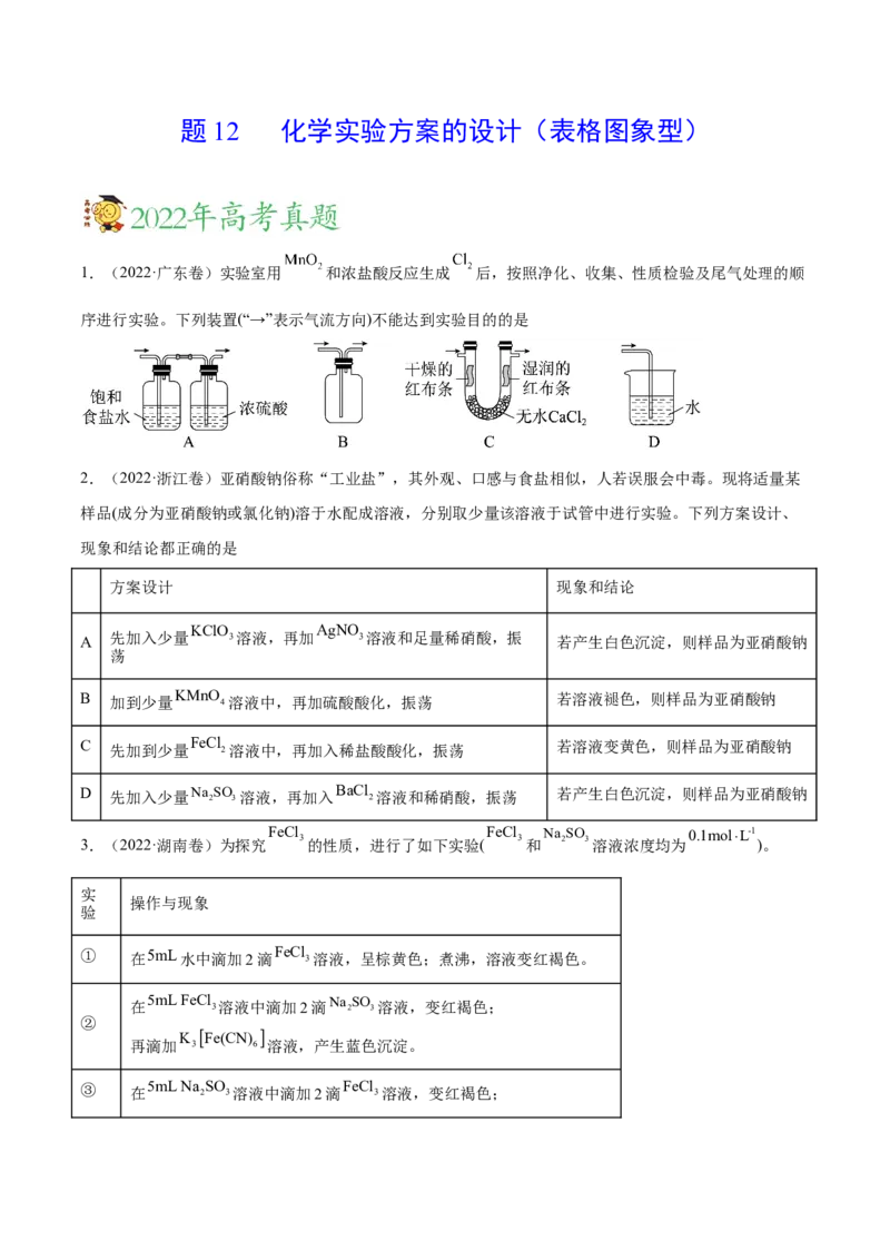 专题12化学实验方案的设计（表格图象型）&mdash;&mdash;三年（2020-2022）高考真题化学分项汇编（新高考专用）（原卷版）_05高考化学_新高考复习资料_2023年新高考资料_专项复习