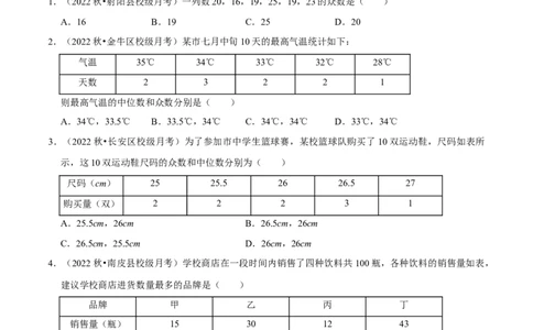 专题20.2中位数与众数专项提升训练（重难点培优）-拔尖特训2023年培优（原卷版）人教版_初中数学人教版_八年级数学下册_保存转存之后查看(1)_旧版-可参考_07专项讲练