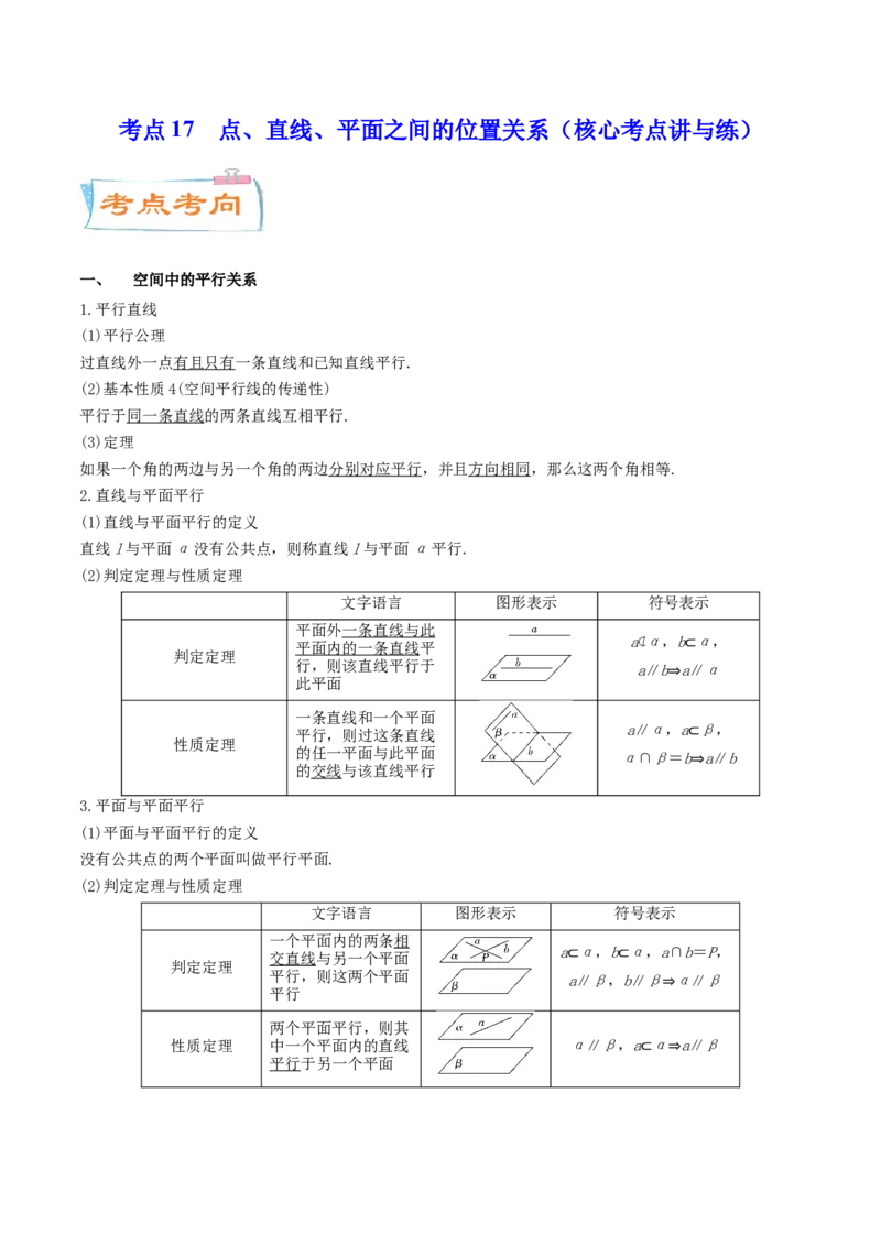 考点17点、直线、平面之间的位置关系（核心考点讲与练）-2023年高考数学一轮复习核心考点讲与练（新高考专用）(原卷版）_2.2025数学总复习_2023年新高考资料_一轮复习