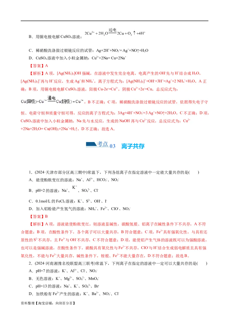 专题03离子反应(练习)(解析版)_05高考化学_新高考复习资料_2024年新高考资料_二轮复习资料_2024年高考化学二轮复习讲练测（新教材新高考）_配套练习（原卷版+解析版）