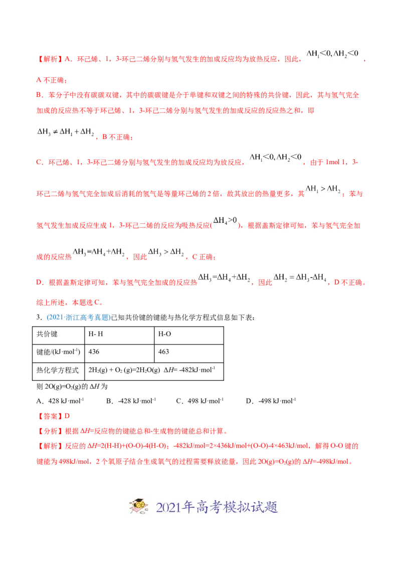 专题07化学反应中的能量变化-2021年高考化学真题与模拟题分类训练（教师版含解析）_05高考化学_新高考复习资料_2023年新高考资料_一轮复习_2023年新高考大一轮复习讲义