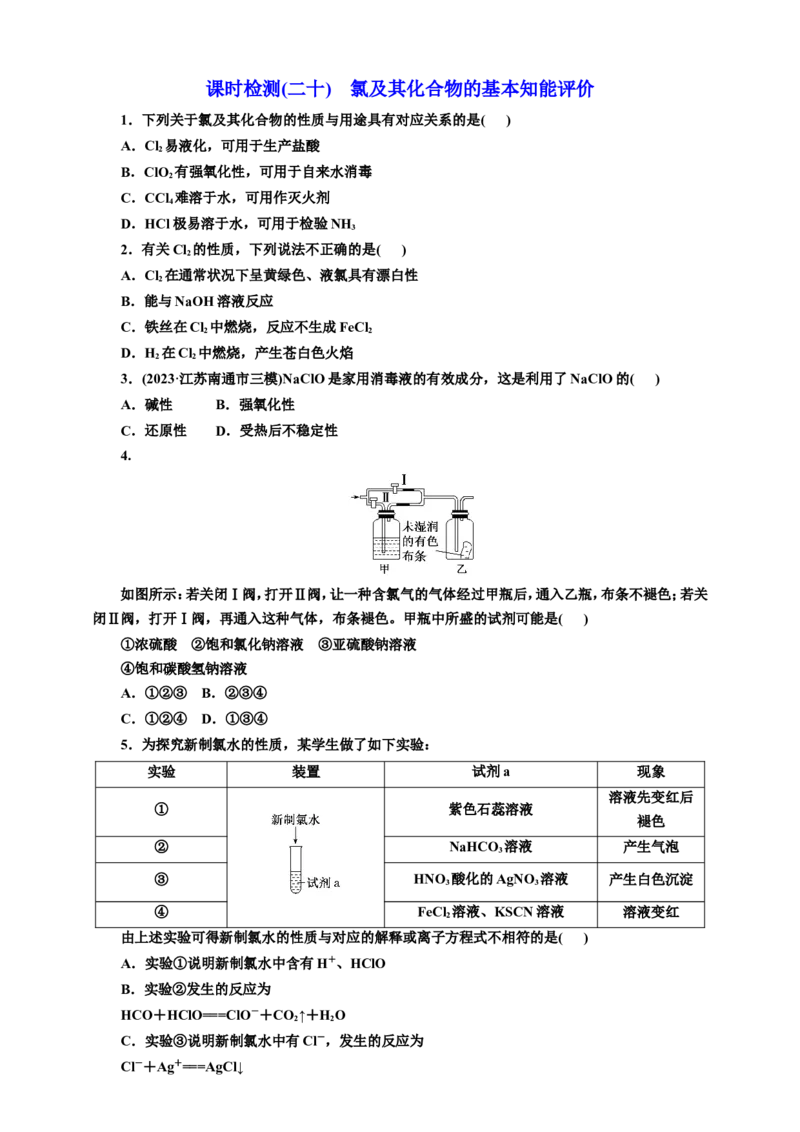 2025年高考复习化学课时检测二十：氯及其化合物的基本知能评价（含解析）_05高考化学_2025年新高考资料_专项练习_2025年高考复习化学课时检测（含解析）（完结）