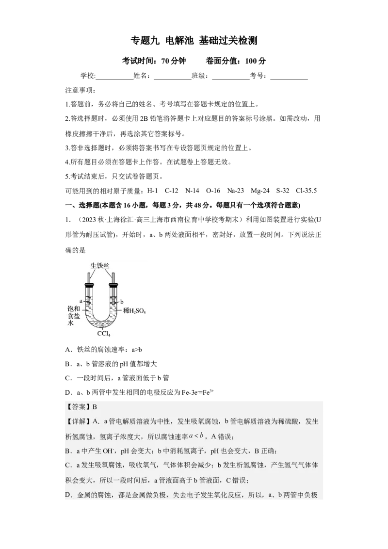 专题九电解池（专练）-冲刺2023年高考化学二轮复习核心考点逐项突破（解析版）_05高考化学_新高考复习资料_2023年新高考资料_二轮复习