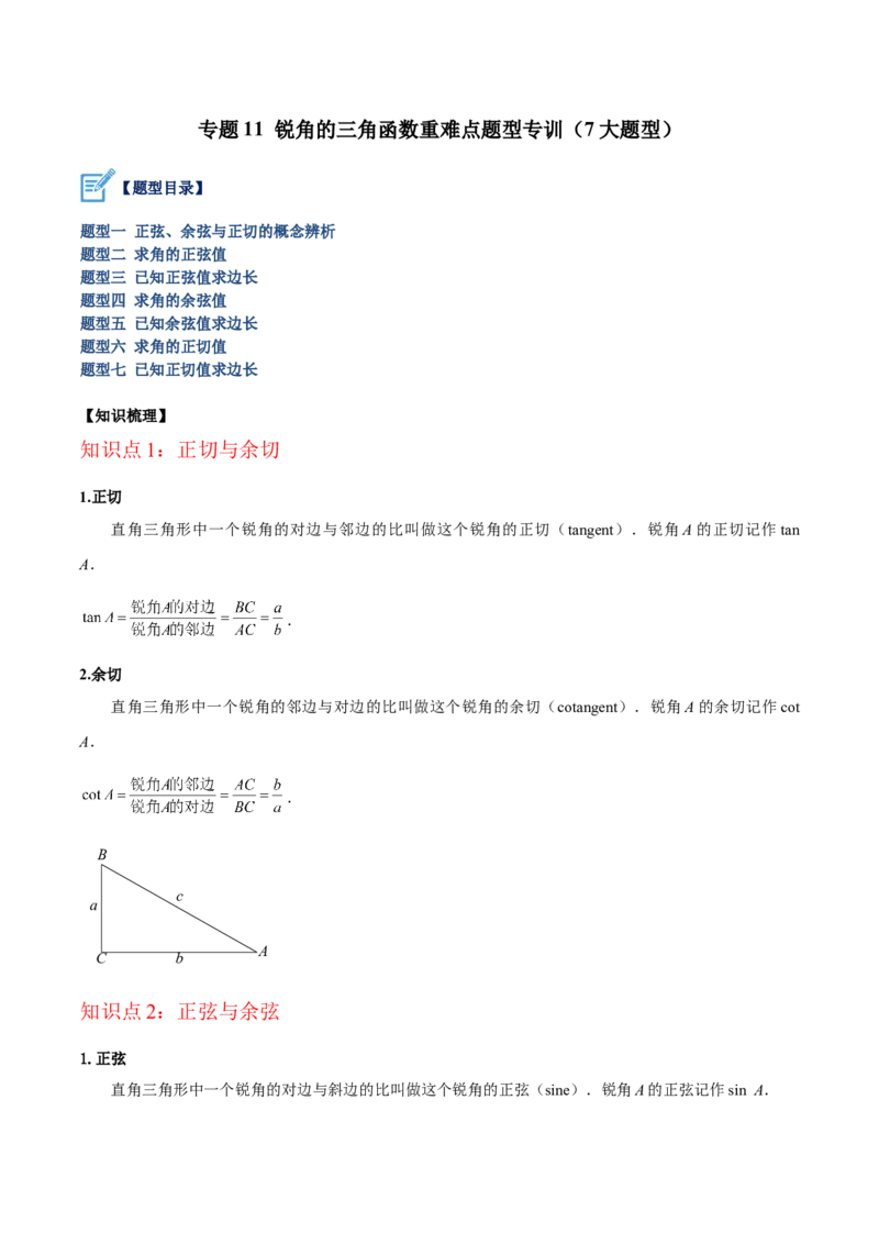 专题11锐角三角函数重难点题型专训（7大题型）（解析版）_初中数学人教版_9下-初中数学人教版_07专项讲练_2023-2024学年九年级数学全册重难点专题提升精讲精练（人教版）_九年级下册