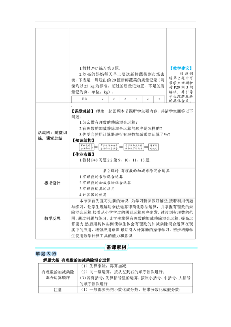 素养目标2.2.2.2有理数的加减乘除混合运算教案（表格式）2024-2025学年人教版数学上册_初中数学人教版_7上-初中数学人教版_7上-初中数学人教版（新版）_04教案