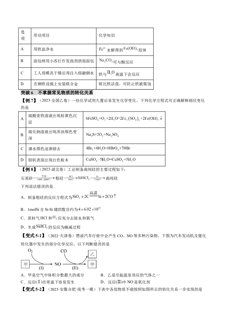 易错类型06常见物质的性质、用途及转化关系（6大易错点）（原卷版）_05高考化学_新高考复习资料_2024年新高考资料_❤专项复习资料_备战2024年高考化学考试易错题（全国通用）