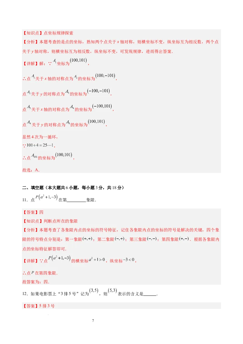 第九章平面直角坐标系（单元重点综合测试）（解析版）_初中数学人教版_7下-初中数学人教版_7下-初中数学人教版（2025春季新版）持续更新_05习题试卷_单元知识点+测试