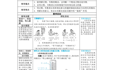 素养目标1.1正数和负数教案（表格式）2024-2025学年人教版数学上册_初中数学人教版_7上-初中数学人教版_7上-初中数学人教版（新版）_04教案_素养目标七年级上册教案（表格式）