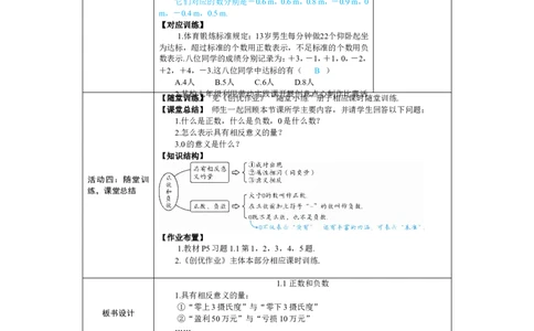 素养目标1.1正数和负数教案（表格式）2024-2025学年人教版数学上册_初中数学人教版_7上-初中数学人教版_7上-初中数学人教版（新版）_04教案_素养目标七年级上册教案（表格式）