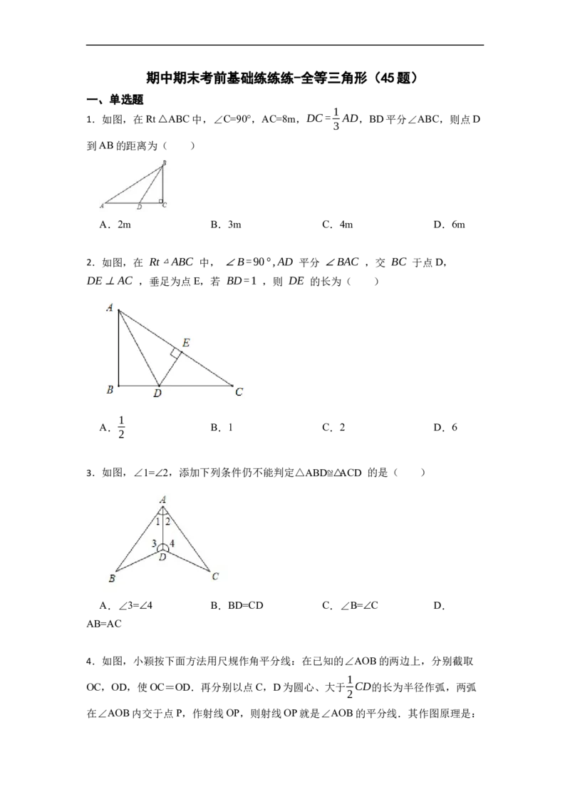 期中期末考前基础练练练-全等三角形（45题）-重要笔记2022-2023学年八年级数学上册重要考点精讲精练(人教版)（原卷版）_初中数学人教版_8上-初中数学人教版_旧版_07专项讲练