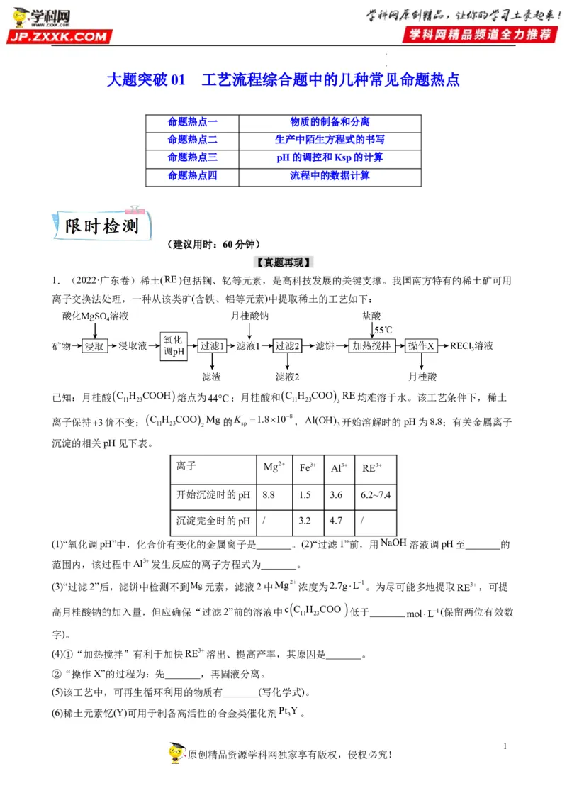 大题突破01工艺流程综合题中的几种常见命题热点（原卷版）_05高考化学_新高考复习资料_2023年新高考资料_专项复习_2023年高考化学热点&middot;重点&middot;难点专练（新高考专用）_613