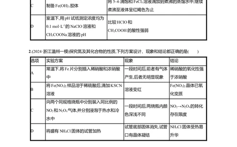 备战2025年高考二轮复习化学（通用版）选择题热点练4.表格型实验方案的设计及评价Word版含解析_05高考化学_2025年新高考资料_二轮复习