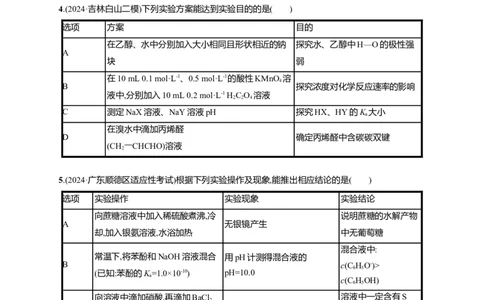 备战2025年高考二轮复习化学（通用版）选择题热点练4.表格型实验方案的设计及评价Word版含解析_05高考化学_2025年新高考资料_二轮复习