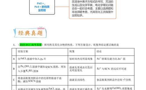 升级版微专题13亚铁离子、三价铁离子的性质及检验（原卷版）(全国版)_05高考化学_新高考复习资料_2024年新高考资料_一轮复习资料_备战2024年高考化学一轮复习考点微专题
