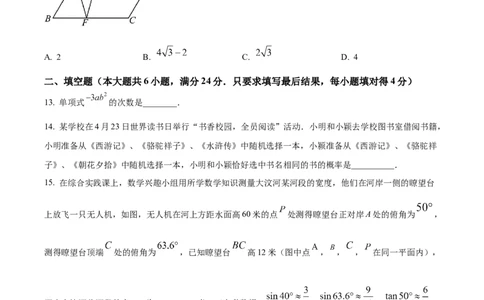 精品解析：2024年山东省泰安市中考数学试题（原卷版）_new_初中数学人教版_9下-初中数学人教版_09中考真题_2024中考数学真题