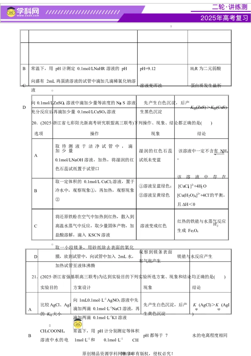 热点专项表格实验汇总分析（原卷版）_05高考化学_2025年新高考资料_二轮复习_上好课2025年高考化学二轮复习讲练测（新高考通用）3379109_主题七化学实验