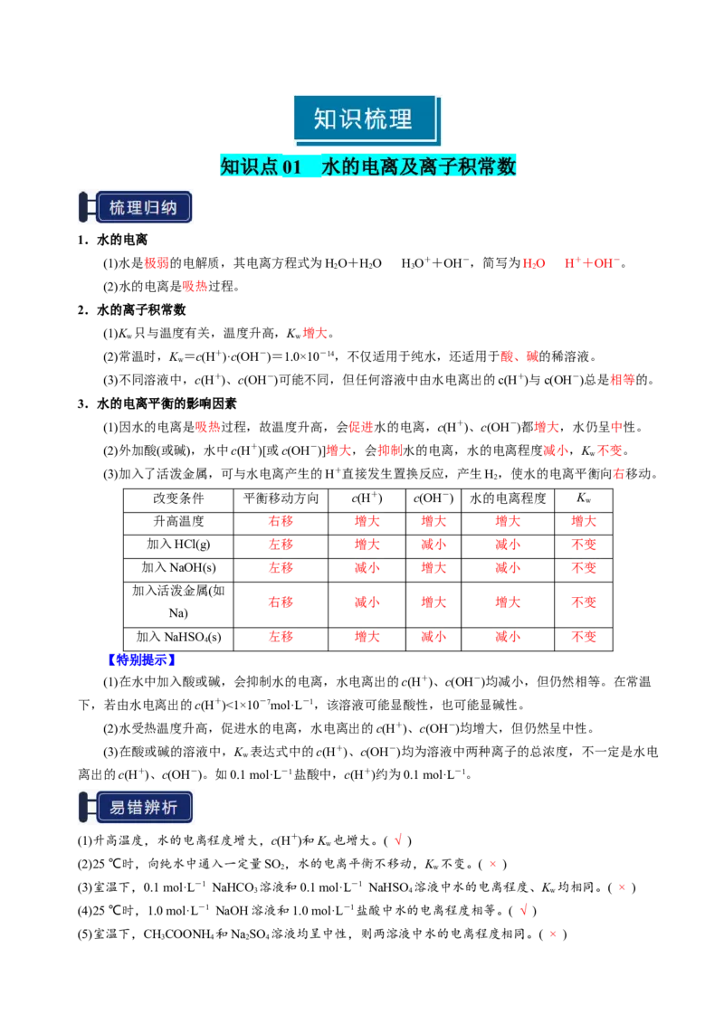 知识清单22水的电离及溶液的pH-上好课2025年高考化学一轮复习知识清单（新高考专用）（解析版）_05高考化学_2025年新高考资料_一轮复习