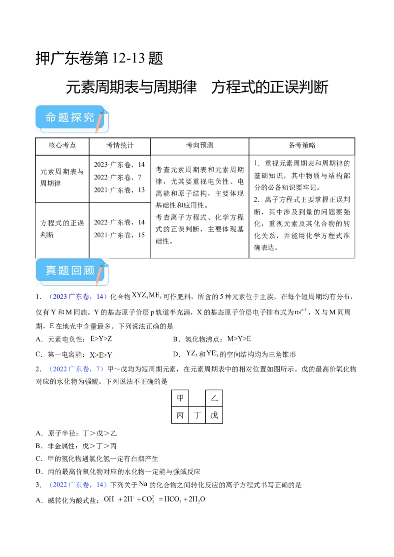 押广东卷第12-13题&nbsp;元素周期表与周期律&nbsp;方程式的正误判断（原卷版）_05高考化学_2024年新高考资料_5.2024三轮冲刺_备战2024年高考化学临考题号押题（广东卷）323301515
