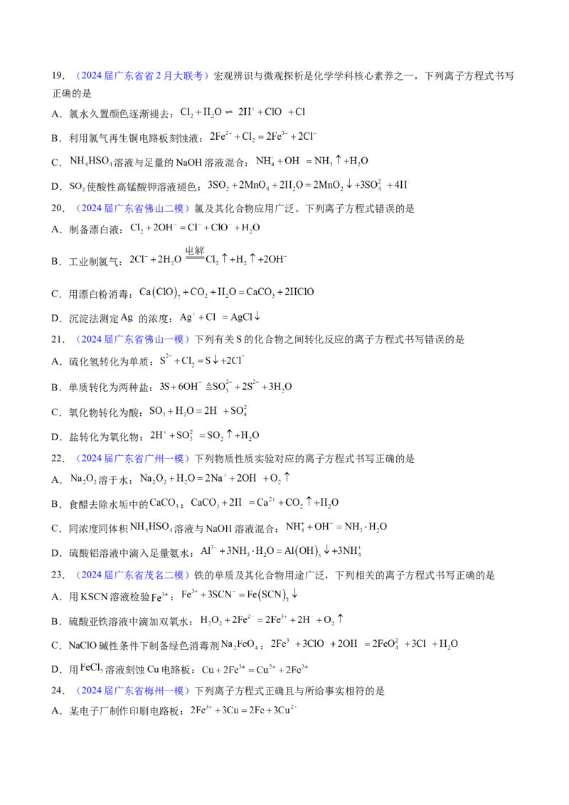 押广东卷第12-13题&nbsp;元素周期表与周期律&nbsp;方程式的正误判断（原卷版）_05高考化学_2024年新高考资料_5.2024三轮冲刺_备战2024年高考化学临考题号押题（广东卷）323301515