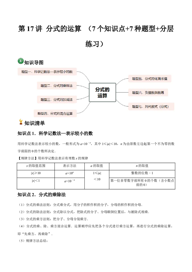 第17讲分式的运算（7个知识点+7种题型+分层练习）（学生版）_初中数学_八年级数学上册（人教版）_常见题型通关讲解练-V3_2025版