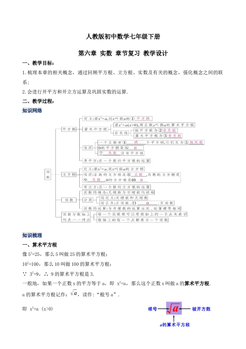 第六章实数章节复习（教学设计）_初中数学人教版_7下-初中数学人教版_7下-初中数学人教版（旧版）赠送_01课件+教案（配套）_课件+教案+学案（第1套）_教案
