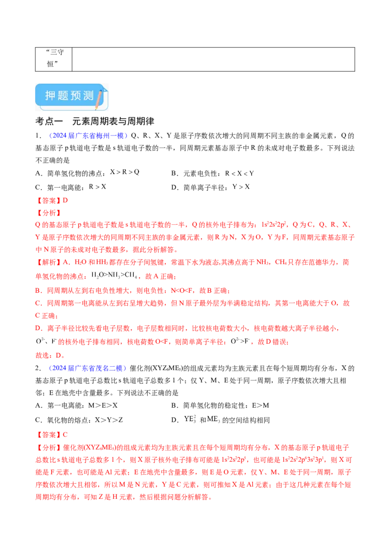 押广东卷第12-13题&nbsp;元素周期表与周期律&nbsp;方程式的正误判断（解析版）_05高考化学_2024年新高考资料_5.2024三轮冲刺_备战2024年高考化学临考题号押题（广东卷）323301515
