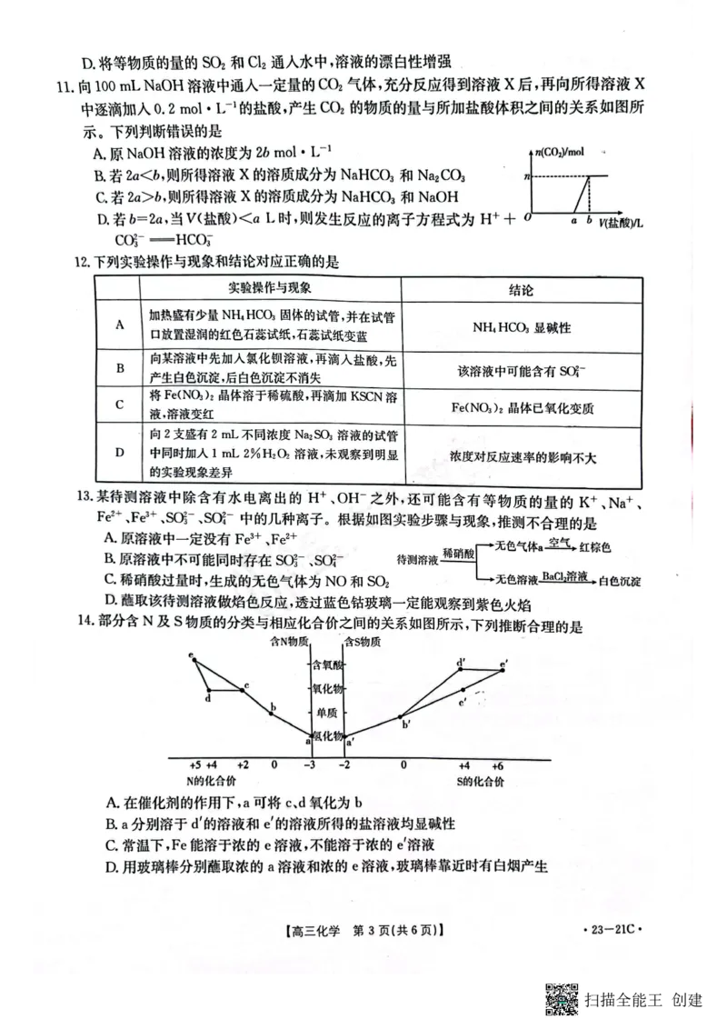 河南省名校2022-2023学年高三上学期阶段性考试（四）化学试题_05高考化学_高考模拟题_全国课标版_2023河南省名校高三上学期阶段性考试（四）（21C，34C，38C）9.28-29化学