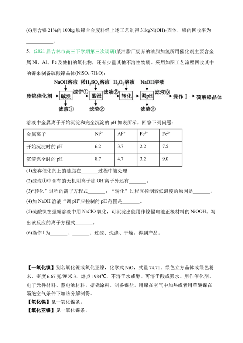 微专题18金属及其化合物制备流程（Ni）-备战2022年高考化学考点微专题（原卷版）_05高考化学_新高考复习资料_2022年新高考资料_备战2022年高考化学考点微专题