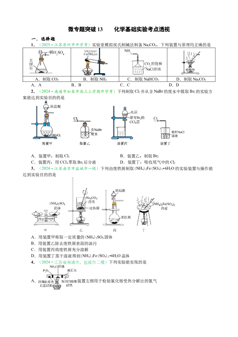 微专题突破13化学基础实验考点透视（作业一）（学生版）_05高考化学_2025年新高考资料_二轮复习_01高考语文等多个文件_2025年高考化学二轮复习重点微专题突破学案（新高考专用）