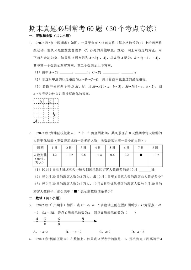期末真题必刷常考60题（30个考点专练）（原卷版）_初中数学人教版_7上-初中数学人教版_7上-初中数学人教版（旧版）赠送_06习题试卷_6期中期末复习专题