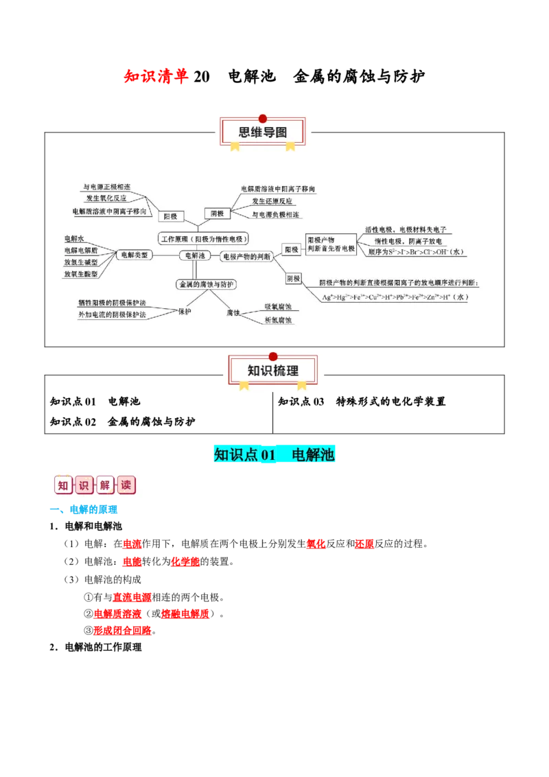 知识清单20+电解池++金属的腐蚀与防护-口袋书2024年高考化学一轮复习知识清单_05高考化学_2024年新高考资料_1.2024一轮复习_2024年高考化学一轮复习知识清单