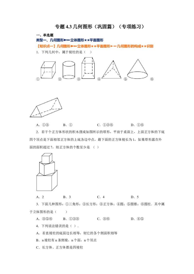 专题4.3几何图形（巩固篇）（专项练习）-2022-2023学年七年级数学上册基础知识专项讲练（人教版）_初中数学人教版_7上-初中数学人教版_7上-初中数学人教版（旧版）赠送_07专项讲练