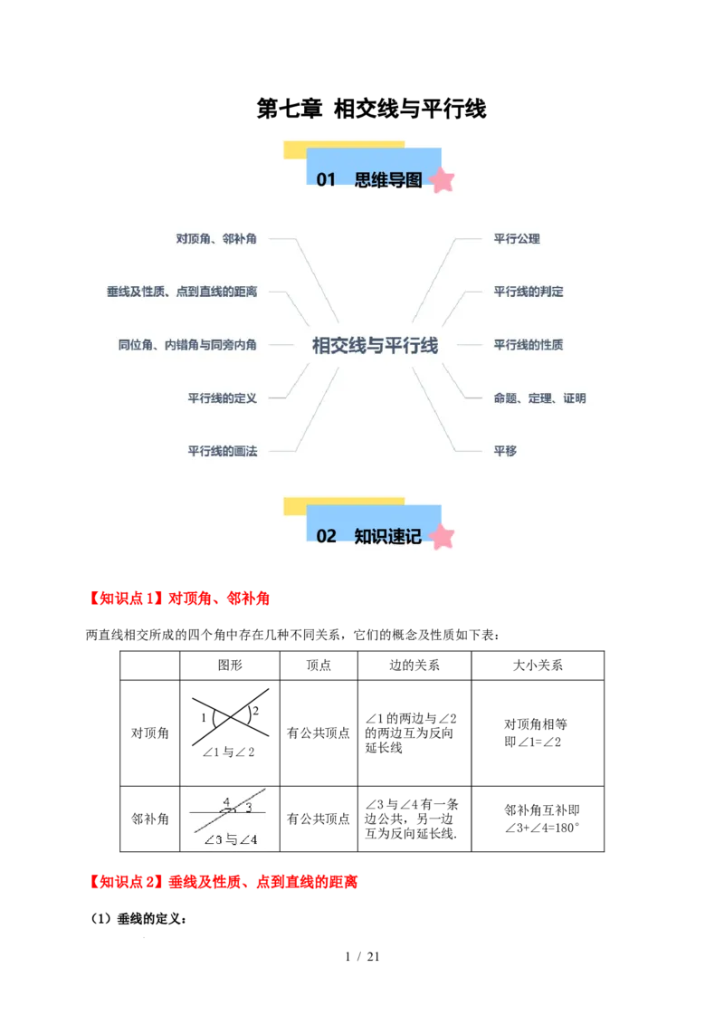 第七章相交线与平行线（单元复习10个知识点+16类题型突破）（原卷版）_初中数学人教版_7下-初中数学人教版_7下-初中数学人教版（2025春季新版）持续更新_05习题试卷_单元知识点+测试