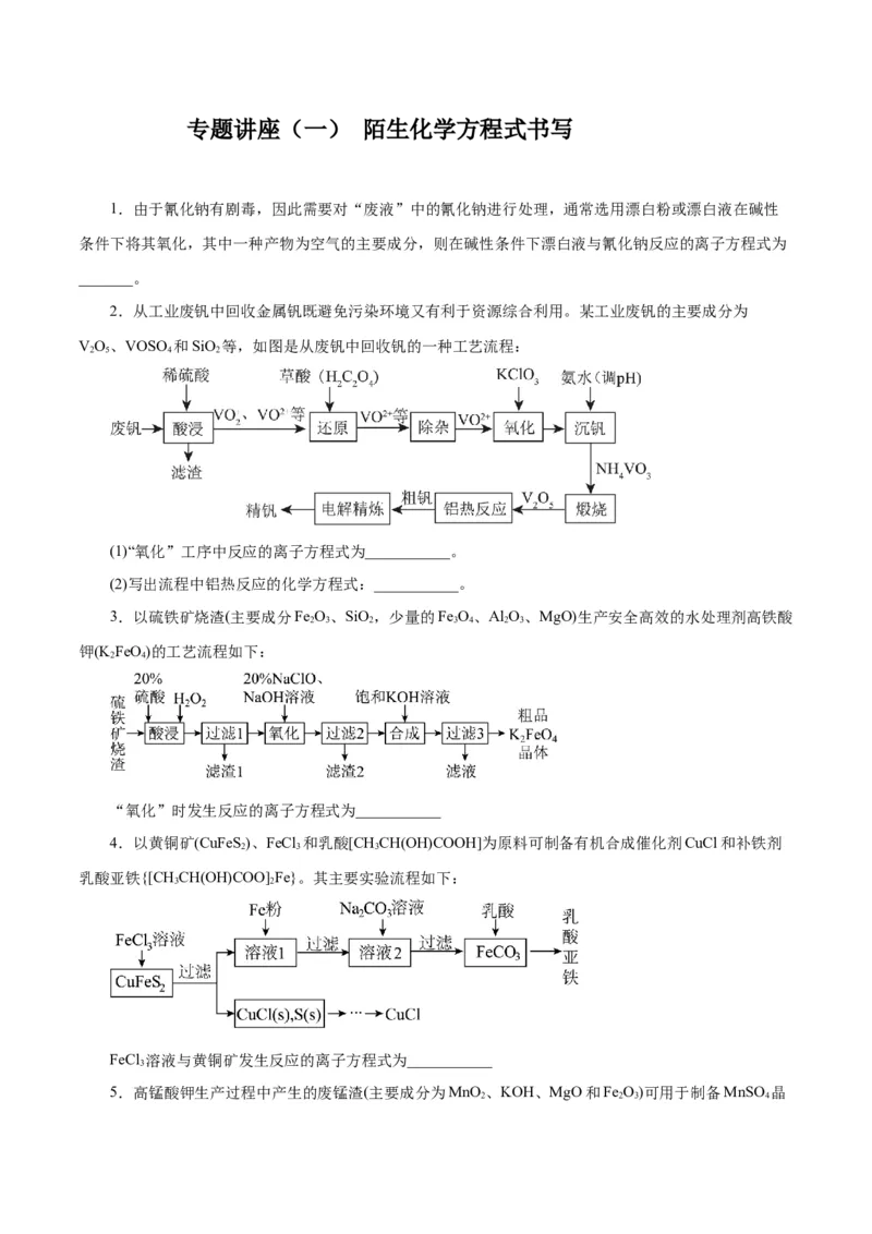 专题讲座（一）陌生化学方程式书写（练）-2024年高考化学大一轮复习精讲精练+专题讲座（原卷版）_05高考化学_2024年新高考资料_1.2024一轮复习
