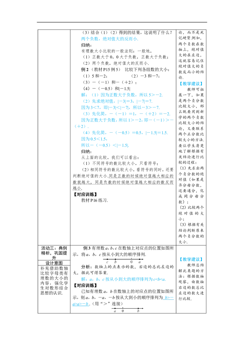 素养目标1.2.5有理数的大小比较教案(表格式)2024-2025学年人教版数学七年级上册_初中数学人教版_7上-初中数学人教版_7上-初中数学人教版（新版）_04教案