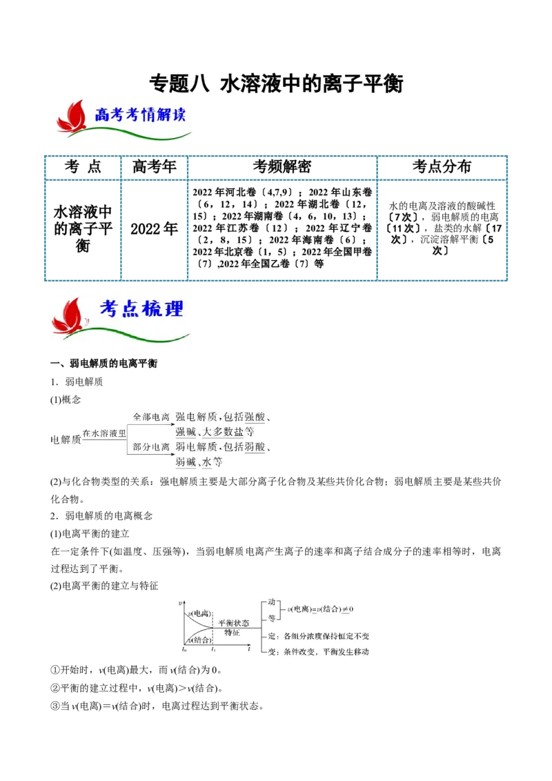 专题八水溶液中的离子平衡（原卷版）_05高考化学_新高考复习资料_2023年新高考资料_二轮复习_题型分类归纳2023年高考化学二轮复习讲与练