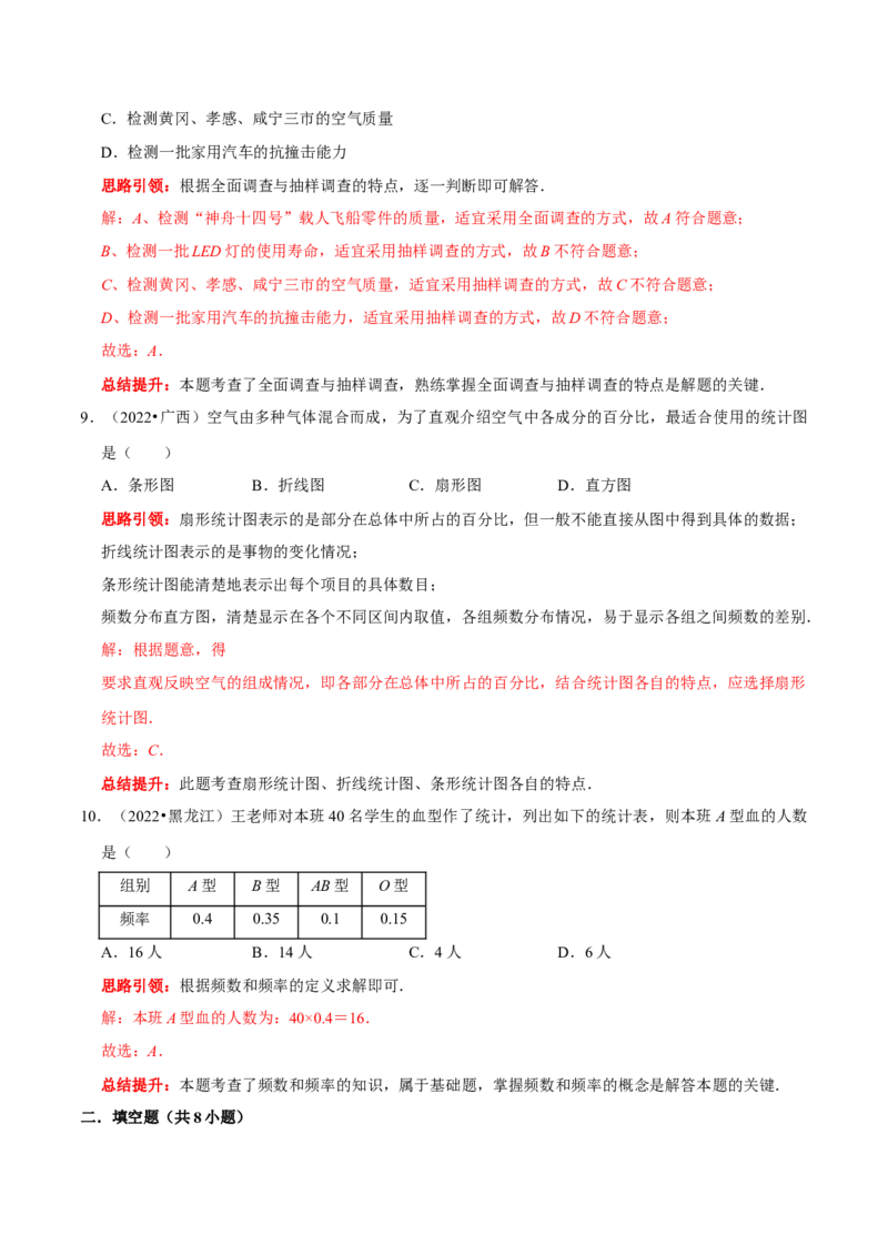 第十章数据的收集、整理与描述考点整合与数学思想渗透及2022中考真题链接（解析版）_初中数学人教版_7下-初中数学人教版_7下-初中数学人教版（旧版）赠送_07专项讲练