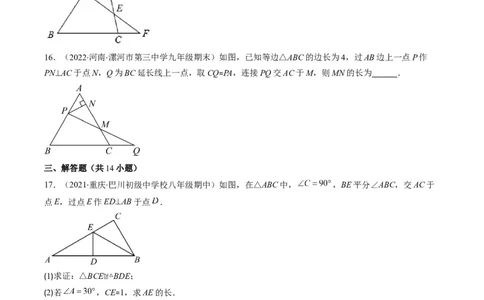人教版八年级数学上学期期中常考精选30题（原卷版）_初中数学人教版_8上-初中数学人教版_旧版_06习题试卷_6期中期末复习专题