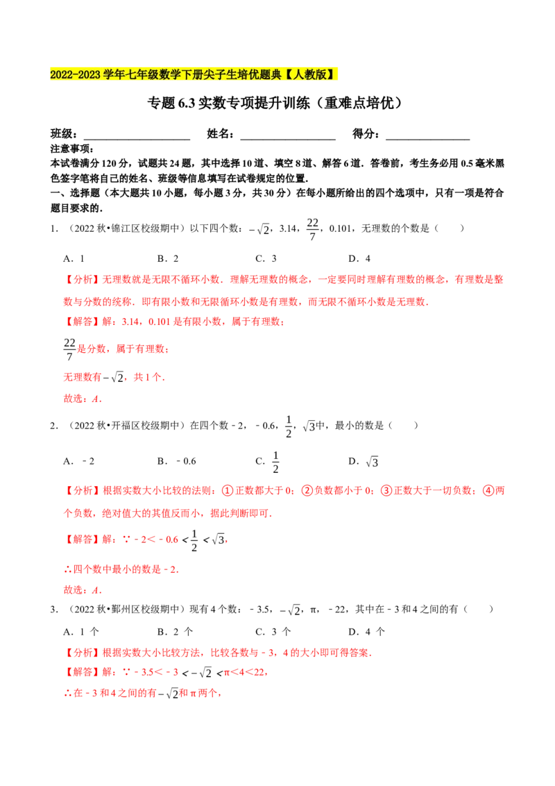 专题6.3实数专项提升训练（重难点培优）2023培优（解析版）人教版_初中数学人教版_7下-初中数学人教版_7下-初中数学人教版（旧版）赠送_07专项讲练