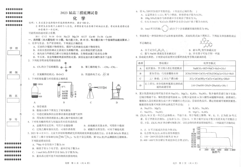 化学_05高考化学_高考模拟题_全国课标版_江西省南昌市2023届高三摸底测试（零模）化学含答案