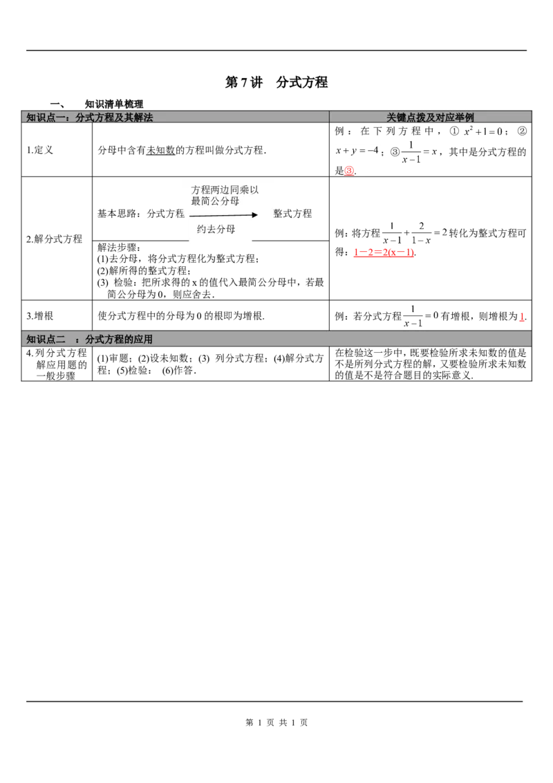 第7讲分式方程_初中数学人教版_9下-初中数学人教版_08知识点_中考知识点梳理（通用）_第二单元方程(组)与不等式(组)