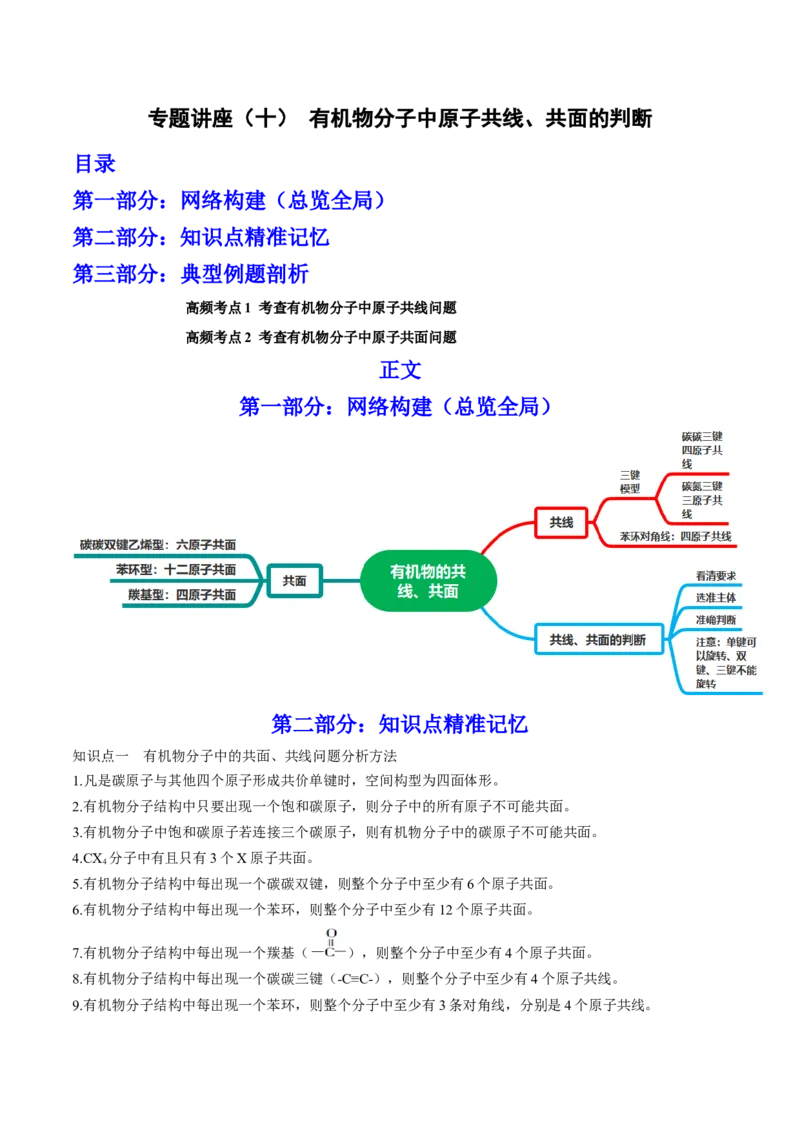 专题讲座（十）有机物分子中原子共线、共面的判断（讲）-2023年高考化学一轮复习讲练测（全国通用）（解析版）_05高考化学_通用版（老高考）复习资料_2023年复习资料_一轮复习