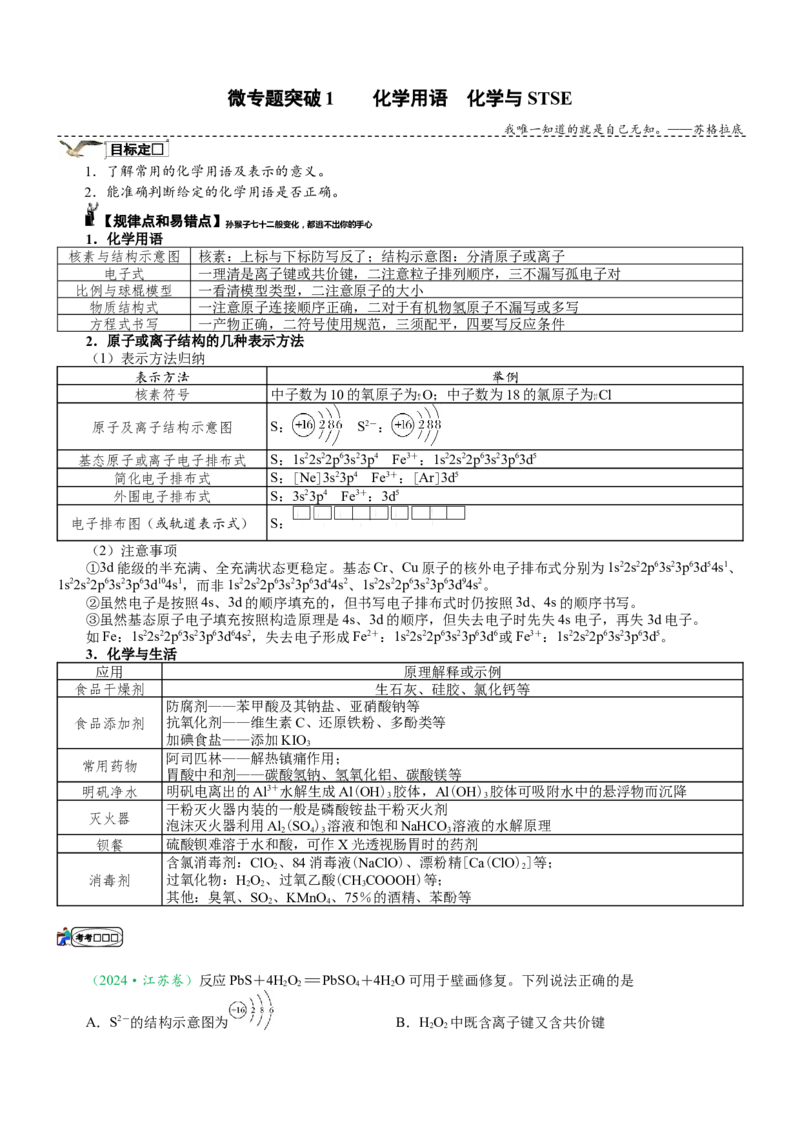 微专题突破01化学用语化学与STSE（学案）（学生版）_05高考化学_2025年新高考资料_二轮复习_2025年高考化学二轮复习重点微专题突破学案（新高考专用）3419182